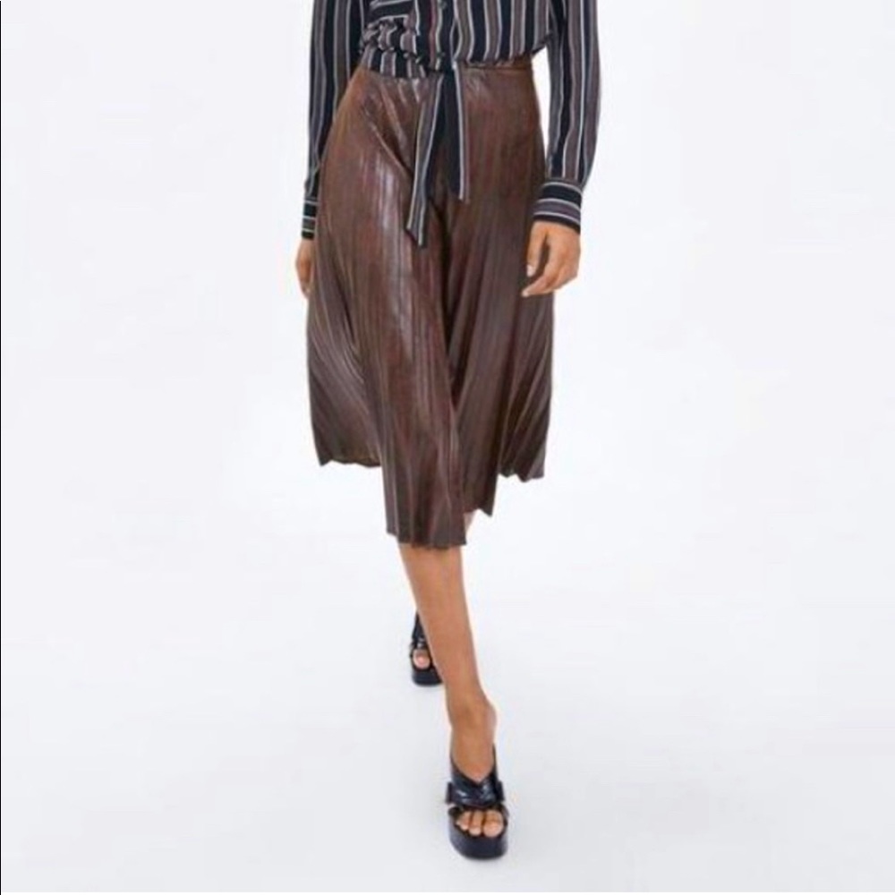 Zara Pleated Snakeskin Faux Leather Midi Skirt